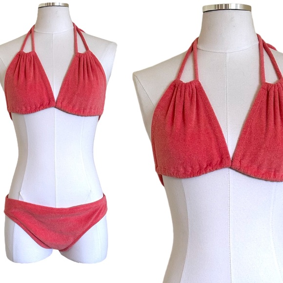 60-70s Vintage Bobbie Brooks Pink Terry Cloth Triangle Bikini Swimsuit - Picture 1 of 13